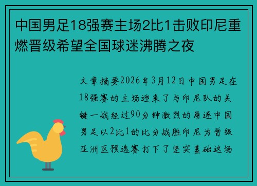 中国男足18强赛主场2比1击败印尼重燃晋级希望全国球迷沸腾之夜 中国男足18强赛主场2比1击败印尼重燃晋级希望全国球迷沸腾之夜